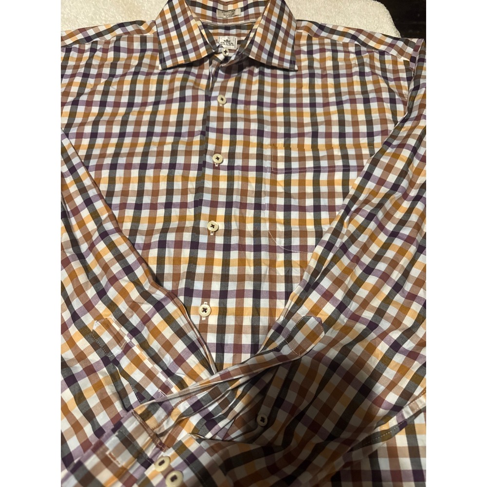 Peter Millar Multi Color Plaid Button Down Shirt Brown XL Cotton Luxury Casual